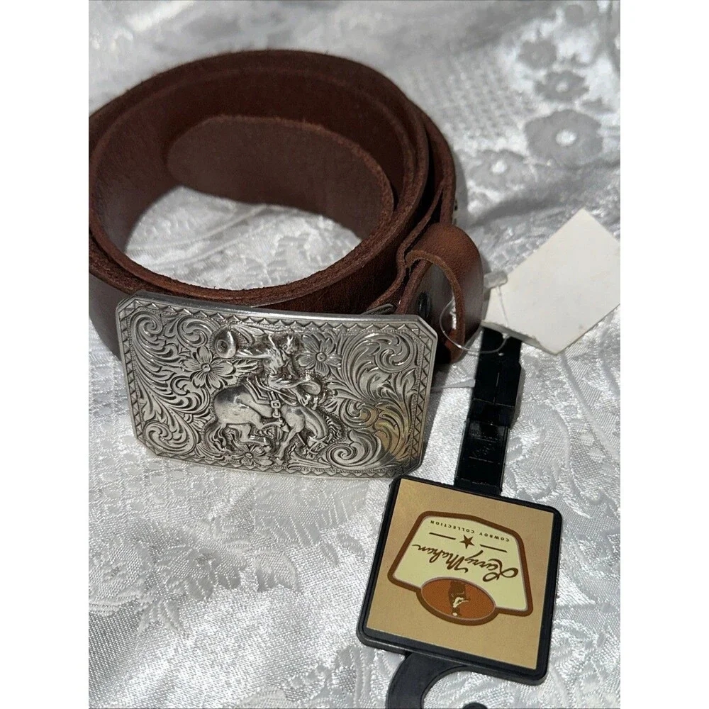 Larry Mayan SZ 8 Western Brown Leather Belt Bucking Bronco Buckle Mens